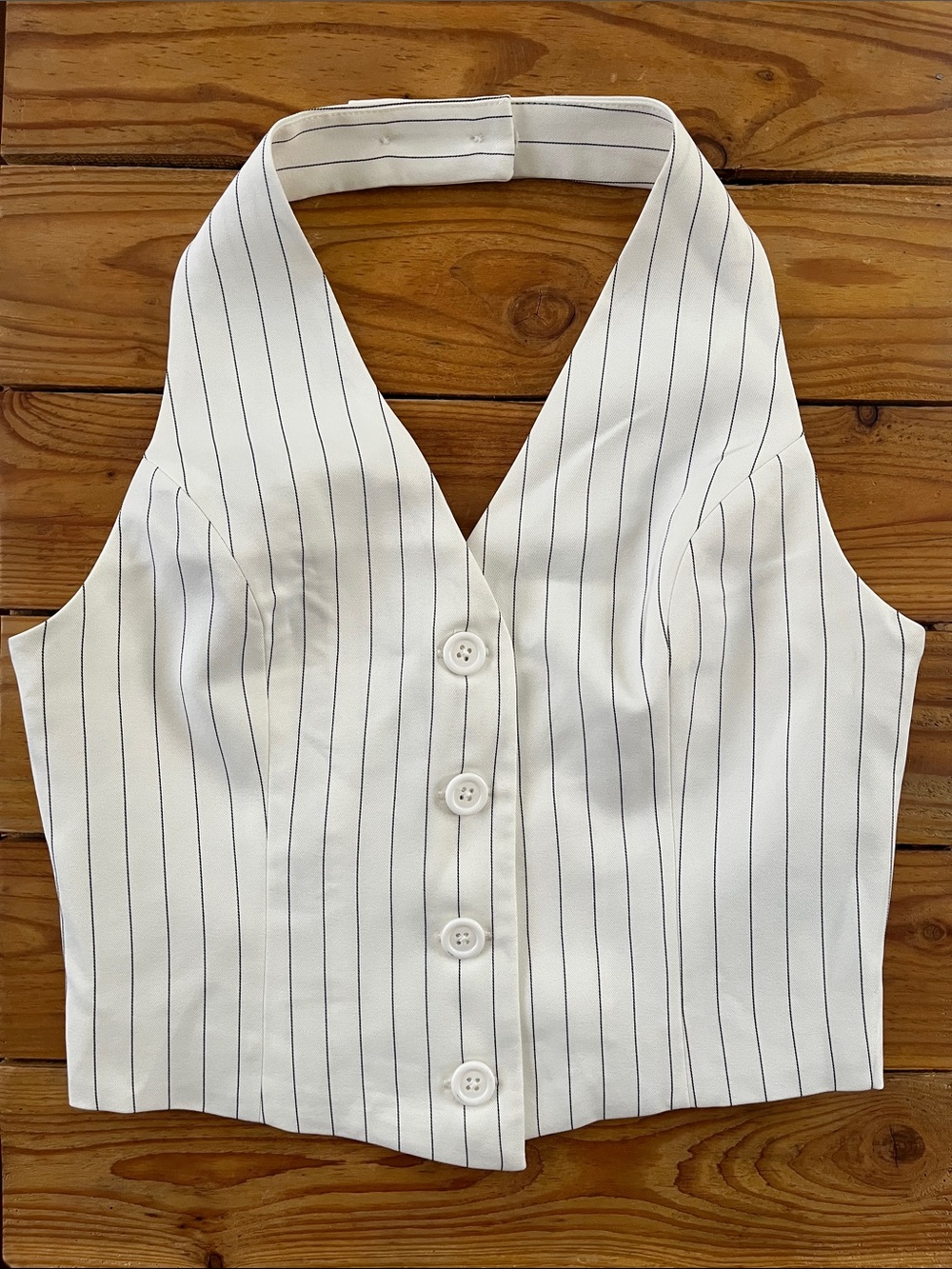 Pinstripe Two-Piece Vest and Wide-Leg Pant Set - White with Black Pinstripes - Picture 3 of 5